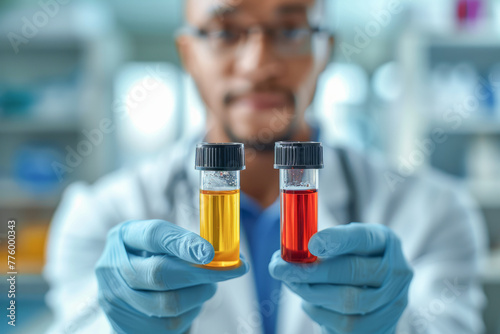 A healthcare professional holds up vials of blood and urine, focusing on the critical tests ahead..