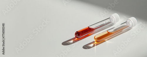 The vials lie horizontally, showcasing the distinct colors of blood and urine in medical testing, copy space .