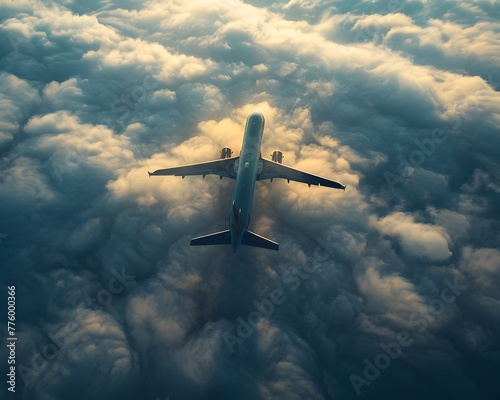 Aerial Majesty Plane Casts Ethereal Shadow Across Expansive Cloud Formations at Cruising Altitude