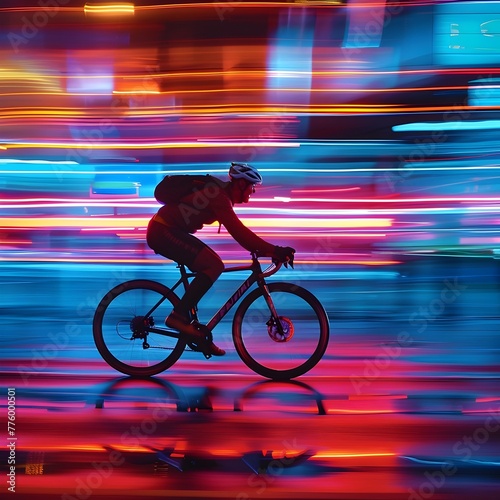 Speeding Cyclist Navigating Vibrant Neon Lit City at Night