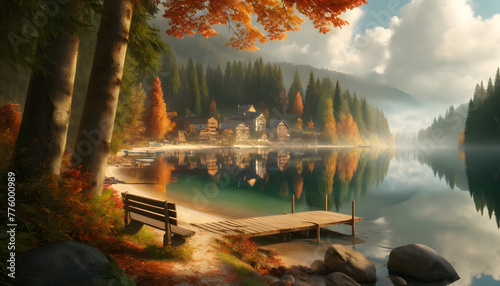 A photorealistic image of a serene lakeside view during autumn. The scene a clear, tranquil lake reflecting the sky and trees