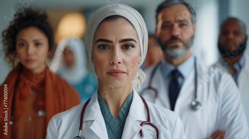A group of female doctors wearing hijabs, with a focused and professional demeanor, portraying the integration of cultural diversity and representation in the medical community