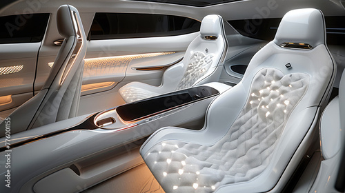 The rear console of luxury car, concept car, contracted design, futuristic. Generative AI. © visoot