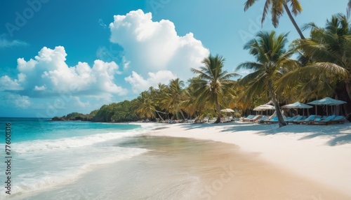 An idyllic tropical beach with white sands, swaying palm trees, and a clear blue sky, embodying the essence of paradise.