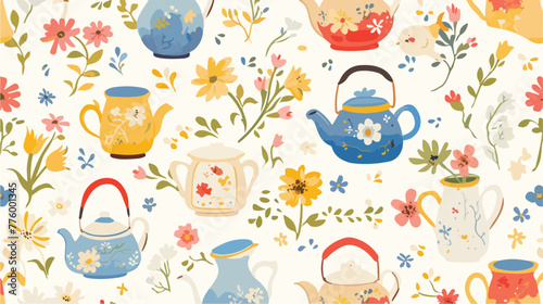 Tea set. Seamless pattern with teapot spoon teacup