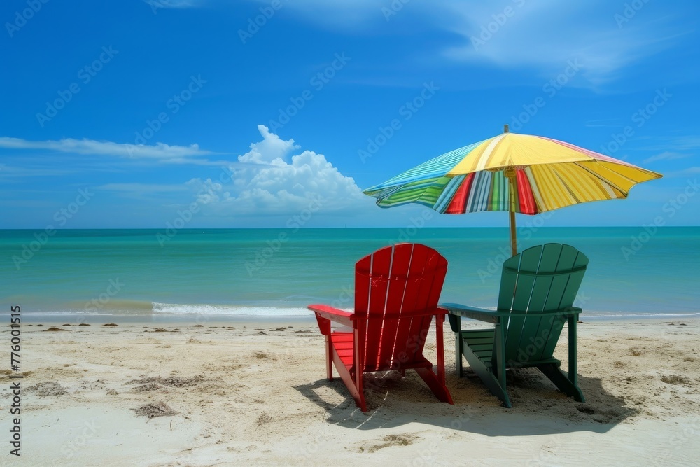 Colorful Beach chairs umbrella. Sunset tropical resort. Generate Ai