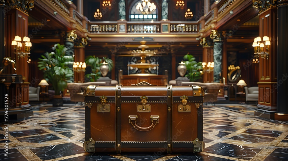 luxury of a designer travel trunk, positioned against the backdrop of a grand hotel foyer and opulent furnishings, embodying the epitome of refined travel sophistication, in cinematic 8k resolution.