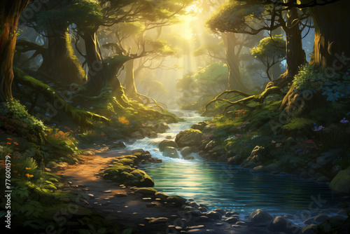 A serene forest scene with sunlight streaming through the canopy  illuminating a winding path and a tranquil stream