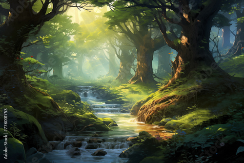 A serene forest scene with sunlight streaming through the canopy  illuminating a winding path and a tranquil stream