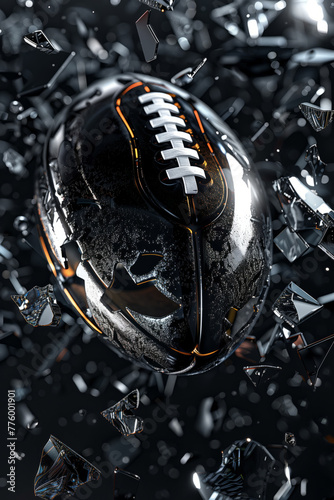 A 3D american football in motion surrounded by shattered pieces, designed for sports background.