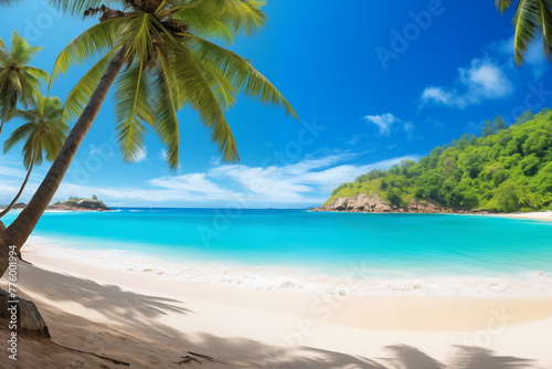 A panoramic view of a pristine beach with golden sand and turquoise water, inviting viewers to escape to a tropical paradise