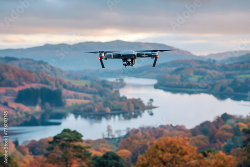 A drone hovering above a scenic landscape, capturing breathtaking aerial footage with its high-resolution camera