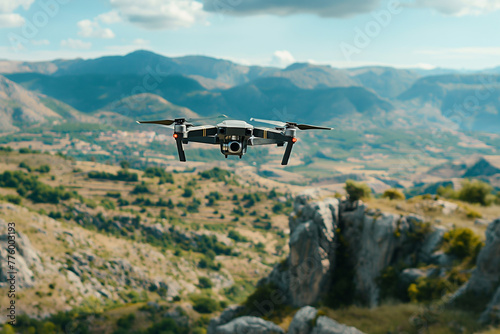 A drone hovering above a scenic landscape, capturing breathtaking aerial footage with its high-resolution camera