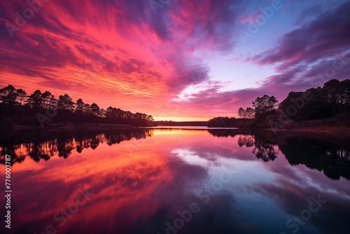 A breathtaking sunrise over a calm lake, painting the sky in shades of pink and orange and reflecting off the still water