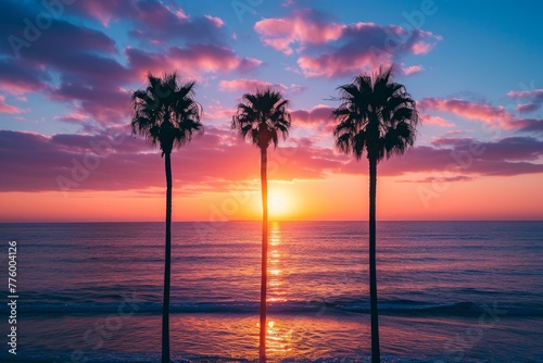 Tropical Beach palms sunset sky. Water sunrise view. Generate Ai