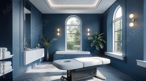 The interior design rendering  with dark blue walls and light gray floors in an aesthetic beauty clinic room. A white massage table is placed at one end near large window. Generative AI.