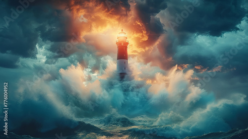Beacon in the storm, lighthouse as symbol of leadership and vision, dramatic setting photo