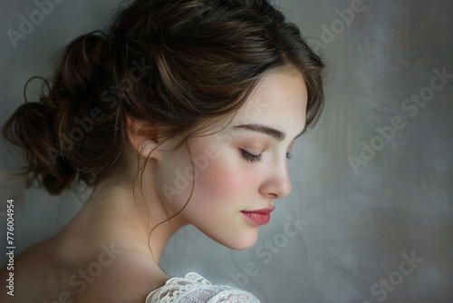 Beautiful female form on gray backdrop, serene and graceful, soft lighting photo