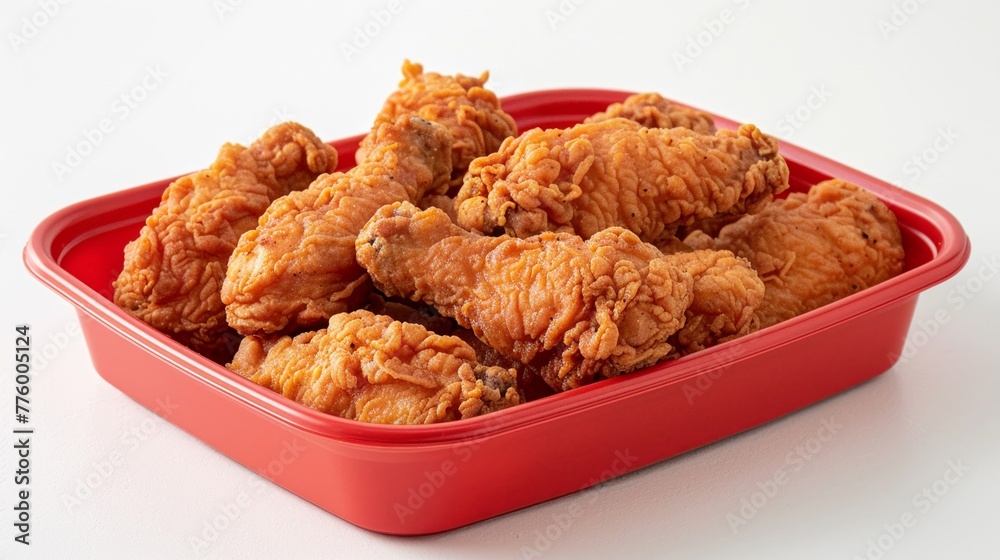 Crispy fried chicken strips in a large red bucket, isolated on white background, deliciously hot Crispy fried chicken strips in a large red bucket, isolated on white background, deliciously hot