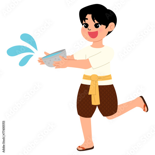happy boy wearing thai traditional costume and holding a water bowl for having fun in songkran festival cartoon illustration