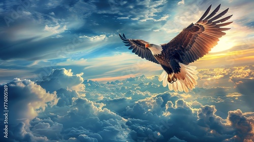 Eagle in flight with American flag, cloudfilled sky, powerful symbol of freedom photo