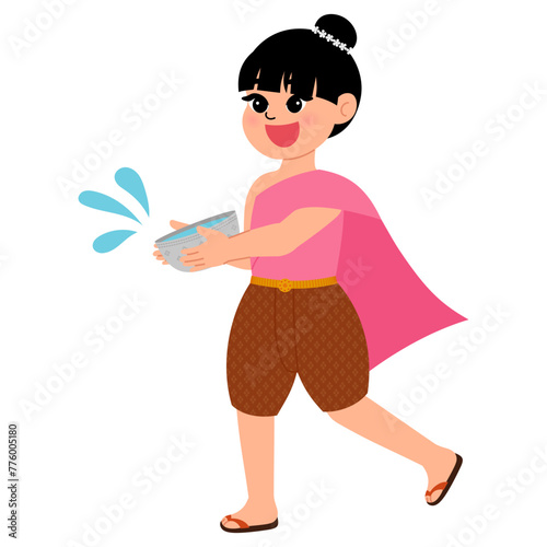 happy girl wearing thai traditional costume and holding a water bowl for having fun in songkran festival cartoon illustration
