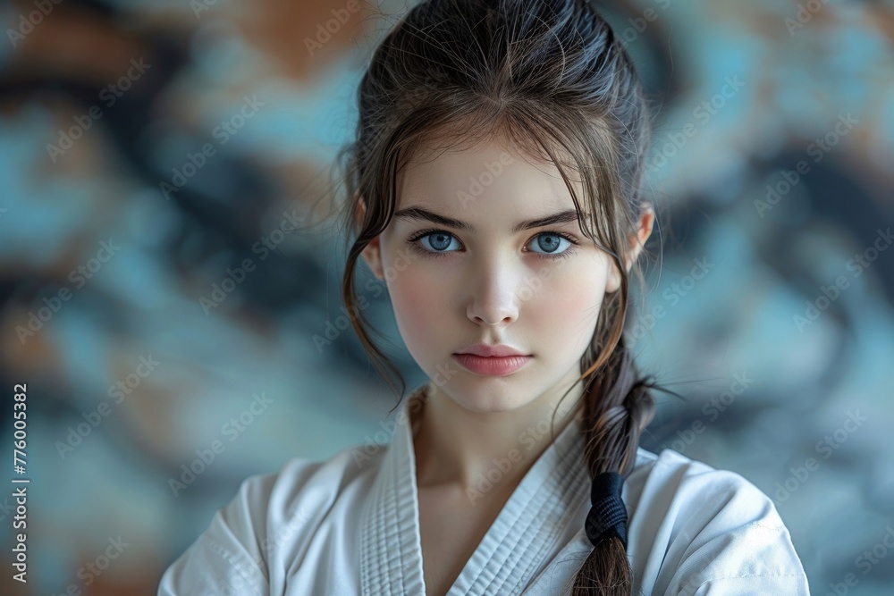 Karate girl in stance, black belt visible, focused and strong, clean background
