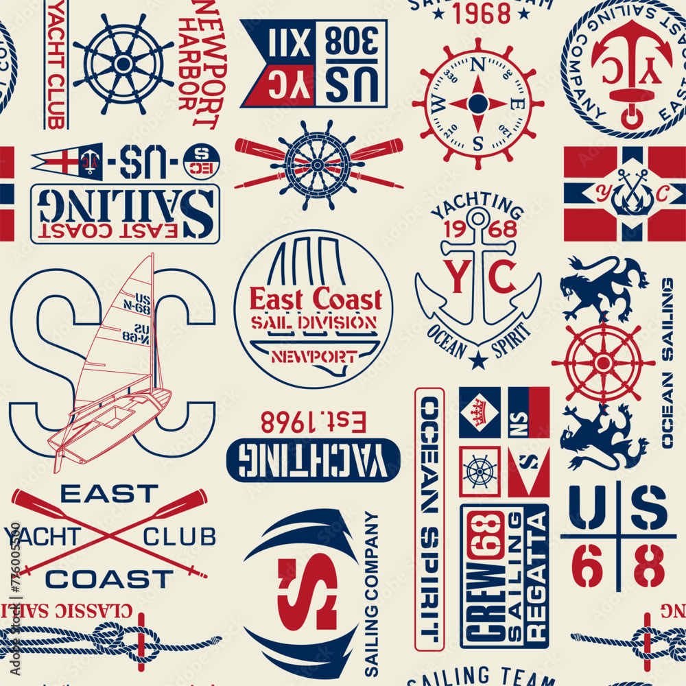 East coast nautical sailing badges and typography elements vintage vector seamless pattern for fabric print tablecloth pillow wallpaper wrapping