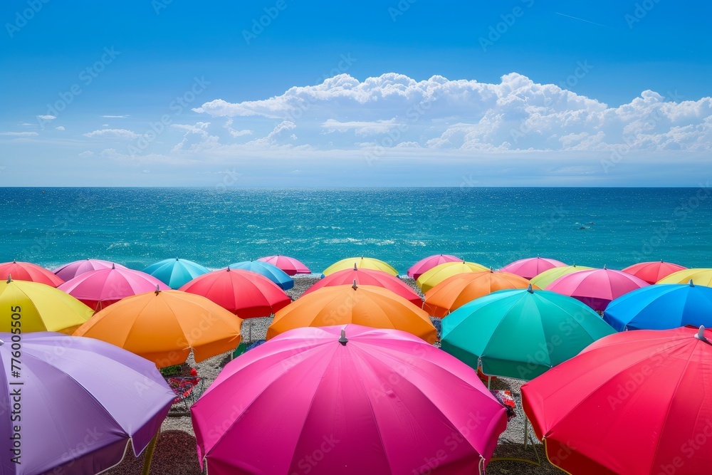 Bright Beach colorful umbrella summer. Sea sand. Generate Ai