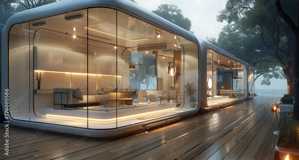 A little glass pop-up store with wood floor, futuristic, chill, camping style. Generative AI. A little glass pop-up store with wood floor, futuristic, chill, camping style. Generative AI.