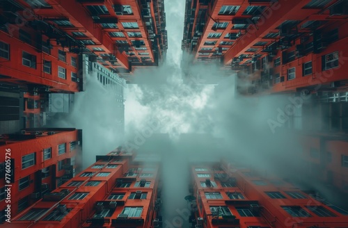 Vertigo inducing angle looking up at vibrant red apartment buildings disappearing into a dense fog photo