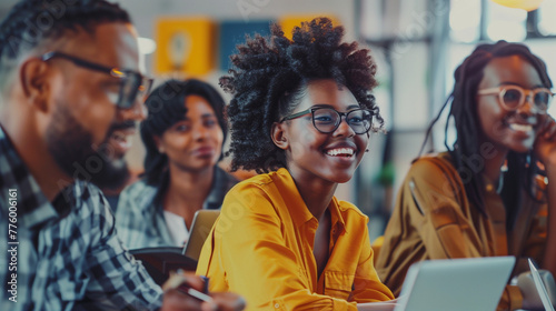 Smiling Young Woman in Yellow Shirt, Casual Corporate Meeting, Dynamic Teamwork with Copy Space