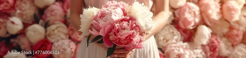 The delicate hands of a woman cradle an opulent bouquet of peonies