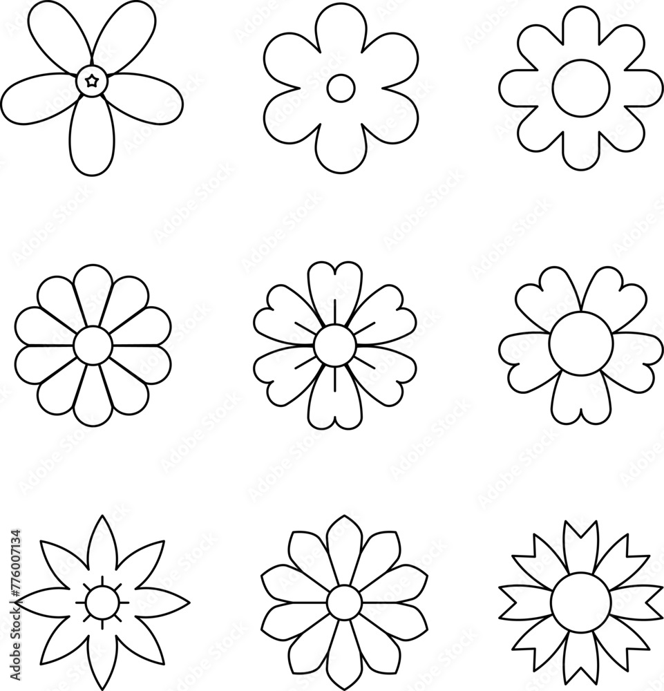 Fototapeta premium Thin Line Flowers Icons set. Set of beautiful flower icons. Signs, outline eco collection, simple thin line icons for websites, web design, mobile app, info graphics
