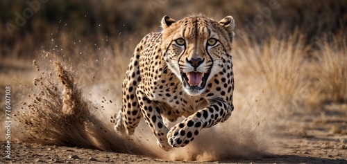  Sprinting Cheetah - Essence of Speed - Dusty Savanna Chase - Predator's Agility - Generative AI  photo