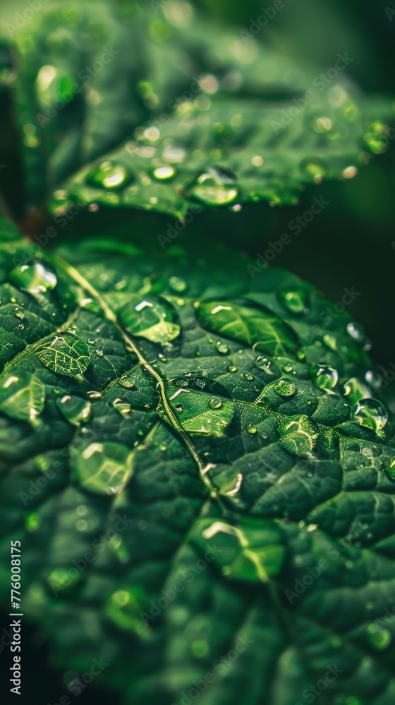 Beads of rainwater cling to the intricate patterns and textures of vibrant green leaves, creating a serene and captivating natural scene. Beads of rainwater cling to the intricate patterns and textures of vibrant green leaves, creating a serene and captivating natural scene.