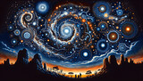 A cosmic scene depicted in a dot painting style, inspired by indigenous art. The image should showcase a vast, starry night sky