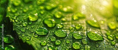 A lush, green natural scene is adorned with glistening dew droplets, creating a serene and tranquil atmosphere.