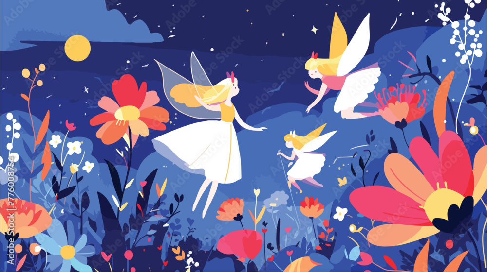 Three fairies flying in garden at night illustratio