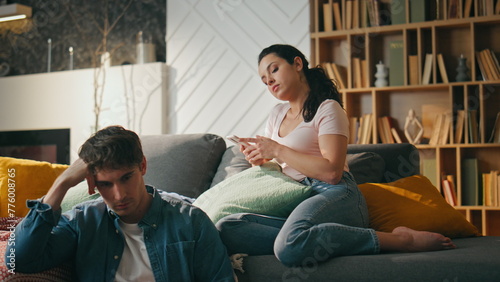 Couple sitting couch gadgets at weekend evening closeup. Carefree family leisure