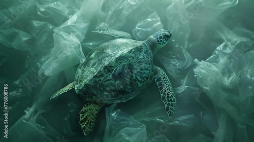A lone turtle challenges the plastic tide a minimalist story of survival and the call for cleaner oceans. Plastic pollution and environment concpet. Generative ai.