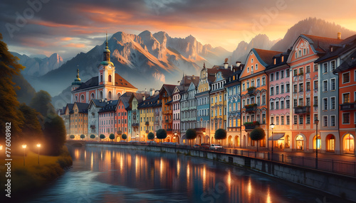 A picturesque European town at dusk. The scene includes a row of vibrant, multi-colored buildings in classical European architecture