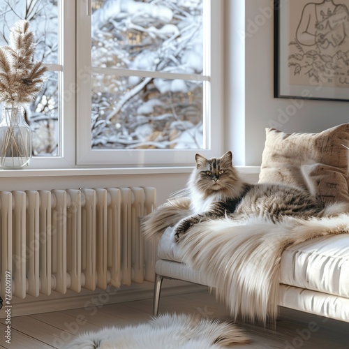 Elegant longhaired persian cat relaxing on white radiator in bright sunlit modern home