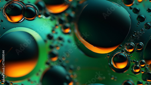 macro view of drops with green and orange reflection, gasoil color, repetitive tile background