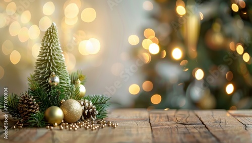 Christmas Tree and Gold Decorations on Wooden Table, Festive Background
