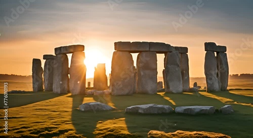 View of a Stonehenge at sunset. photo