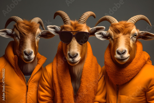 Gang family of ibex  in vibrant bright fashionable outfits, commercial, editorial advertisement, surreal surrealism. Group shot.	