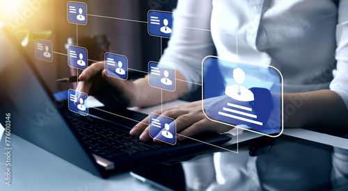 Businessman pointing processing management.Scheme of hierarchy management of corporate and processing management.Business process and workflow with flowchart. 