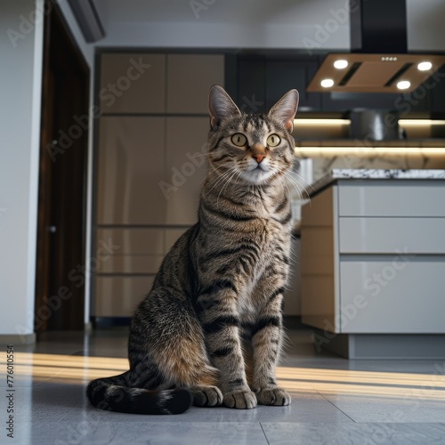 Photorealistic 3.4 portrait of cat in stylish modern kitchen begging for sausage