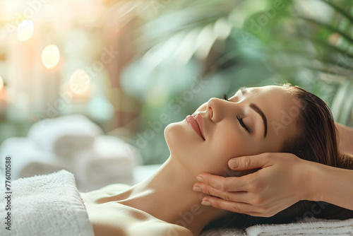  Close-up portrait of a beautiful woman with closed eyes and a towel on her head lying down at a spa salon  in the style of copy space for text 